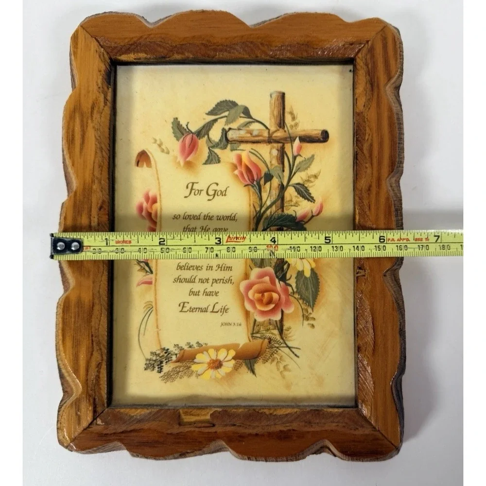 Vtg JOHN 3:16 Hanging Hand Carved Wooden Wall Plaque Frame 8.5